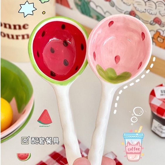 Bát sứ decor ăn cơm ngũ cốc hình quả dâu dưa hấu kèm thìa cute LABAMO