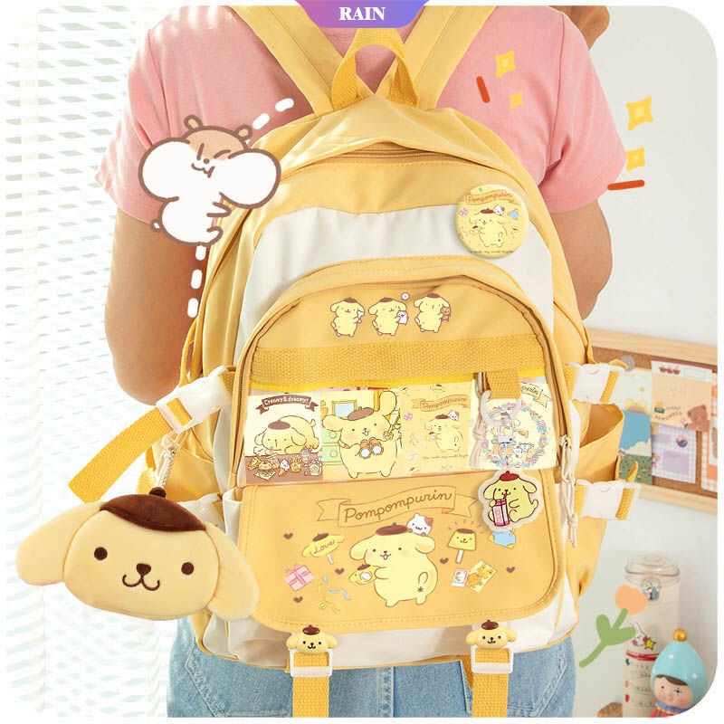 Ba Lô Nylon Chống Thấm Nước Nhiều Ngăn Họa Tiết Hoạt Hình Kuromi Pom Pom Purin Cho Nữ [Dunni]