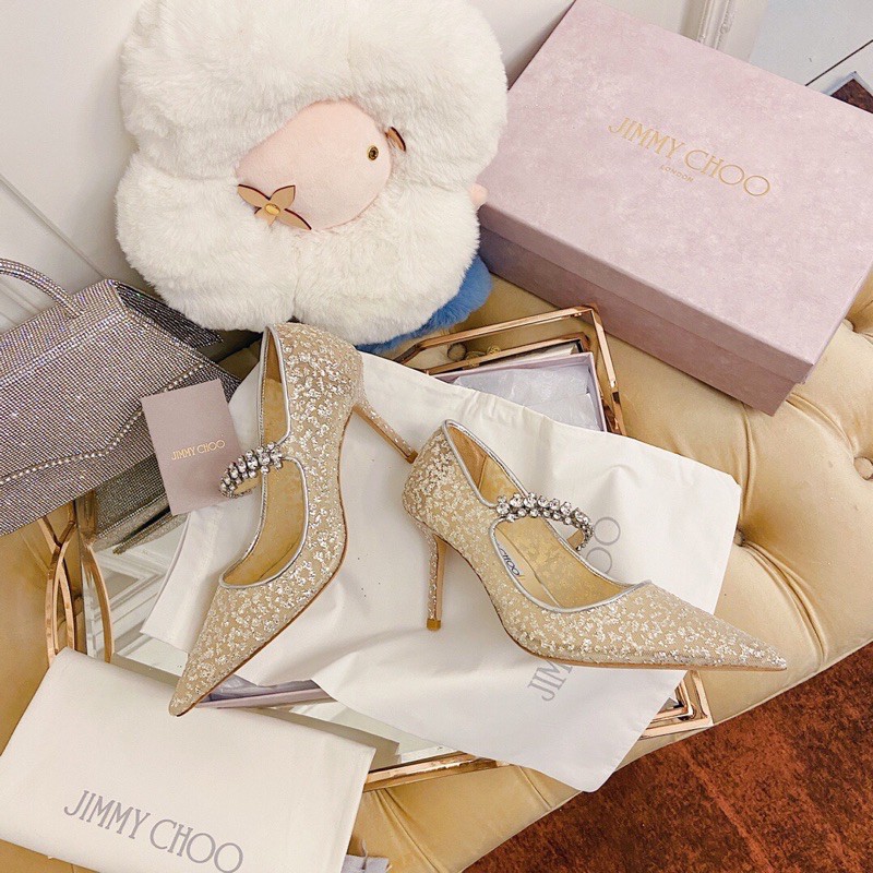 Giày cao gót mũi nhọn 8.5cm Jimmy Choo 2021 da thật cao cấp thiết kế có quai