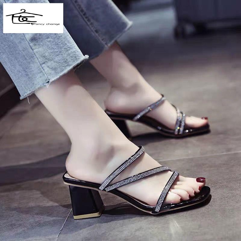 Dép Cao Gót Hở Ngón Mũi Vuông Đính Đá Thời Trang Mùa Hè Cho Nữ