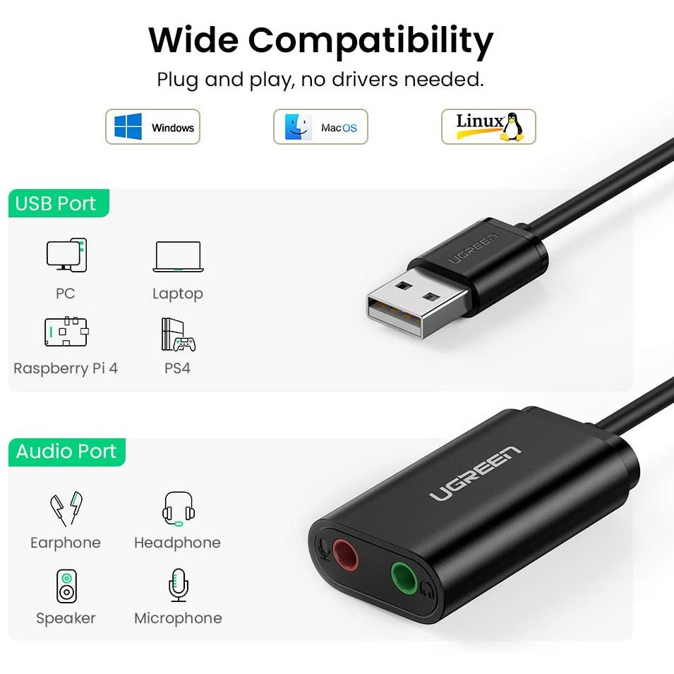 Cáp USB ra âm thanh Ugreen 30724 hỗ trợ loa và mic màu đen chính hãng - Hapugroup