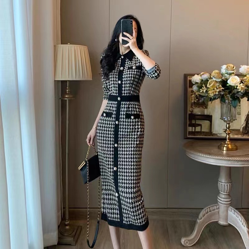 Đầm dệt kim dáng dài ôm eo kiểu retro Pháp thời trang thu đông dành cho nữ