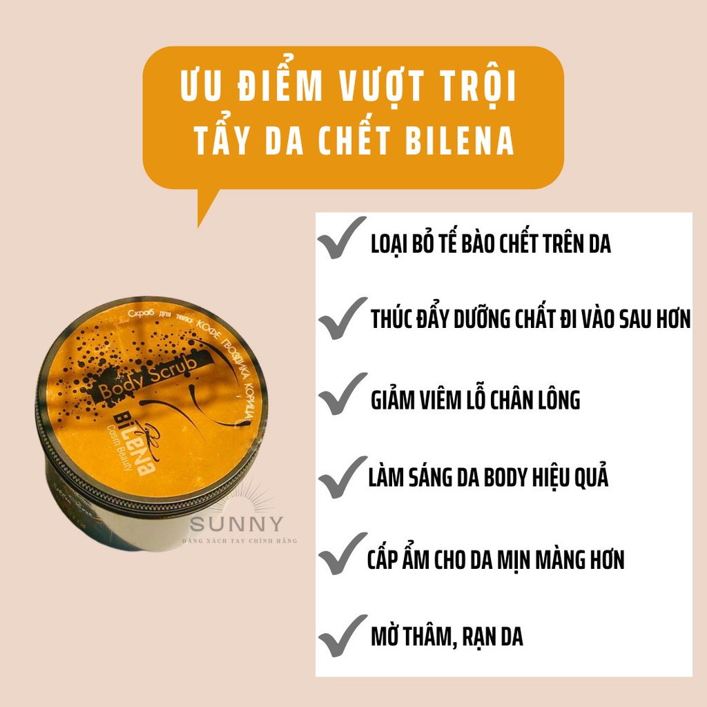 Tẩy tế bào chết toàn thân BILENA quế hồi cà phê của Nga 250g giúp giảm mụn, mờ thâm sạm