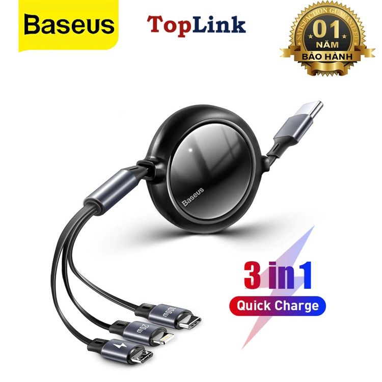 Cáp Sạc Dây Rút 3 Đầu 100w Bright Mirror One-For-Three Retractable Data Cable Type C To Micro,,Type C 1.2m