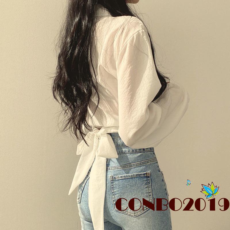 Áo Croptop Tay Dài Cổ Bẻ Màu Trơn Thời Trang Cho Nữ