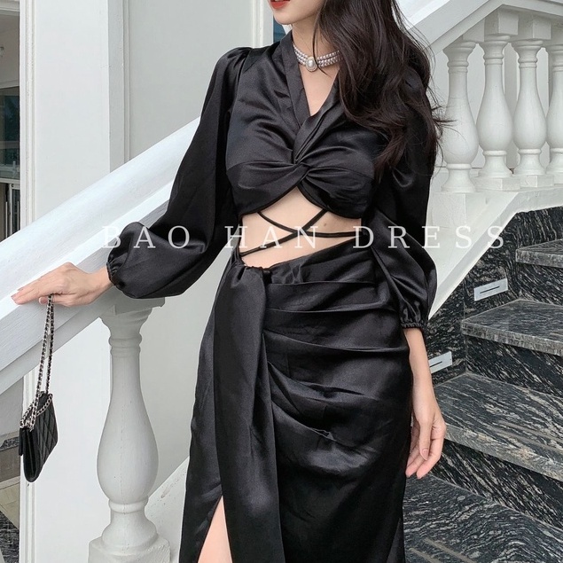 Váy Dự Tiệc Tay Dài Phối dây Chéo Bụng Xẻ Tà Tôn Dáng Siêu Xinh - NV309