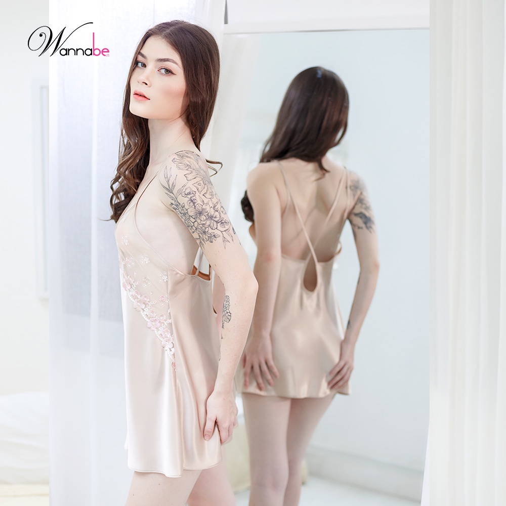 Đầm ngủ phi lụa cao cấp Wannabe DNS53 phối ren một bên ngực quyến rũ gợi cảm