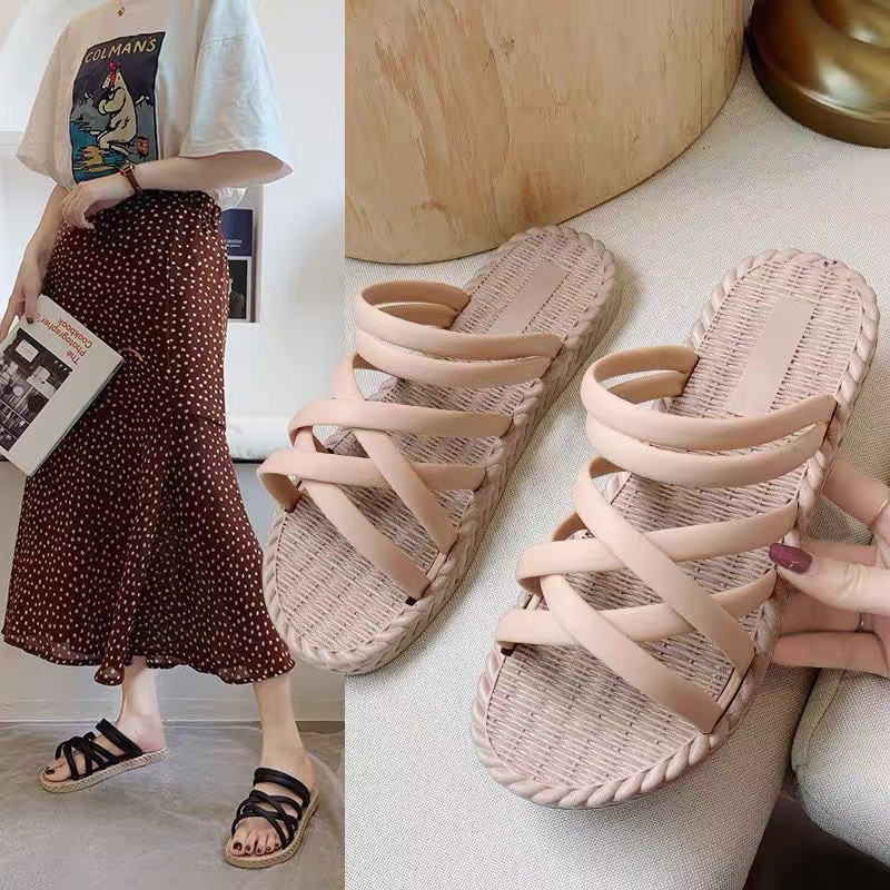 LOẠI I ĐẾ DẺO  Dép nữ sandal lê đế bằng bệt giả cói quai chéo đi mưa chống nước hôi chân mới hot màu đen/be [ẢNH THẬT] | BigBuy360 - bigbuy360.vn