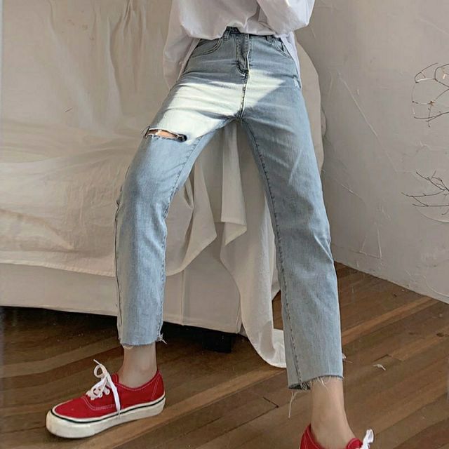 Quần slim baggy jeans rách xẻ bên đùi đen xanh jeans form suông ulzzang kèm ảnh thật hàng sẵn