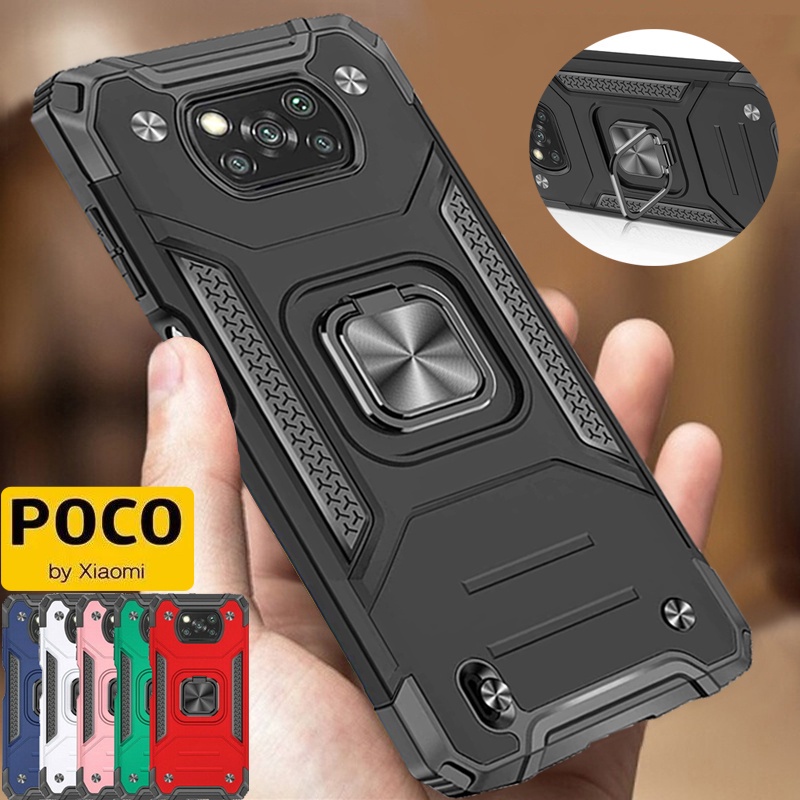 Xiaomi Poco X3 Pro Poco X3 NFC Poco F3 Poco M3 Lớp bảo vệ chống va đập sang trọng Áo giáp cứng + Vỏ điện thoại silicon mềm với chân đế vòng kim loại xoay 360 °