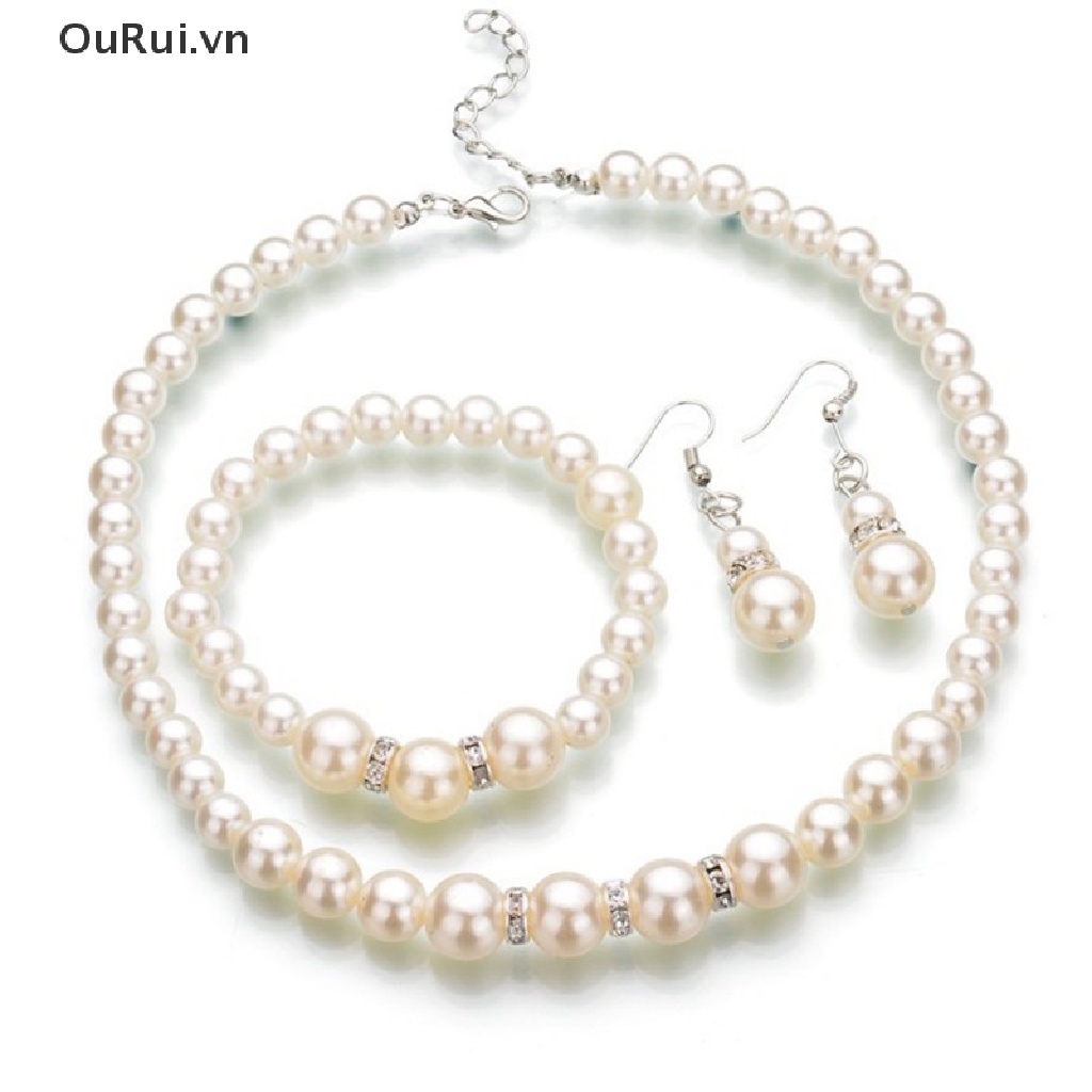 Bộ Trang Sức Gồm Dây Chuyền / Vòng Tay / Bông Tai Đính Ngọc Trai Pha Lê Thời Trang Cho Nữ