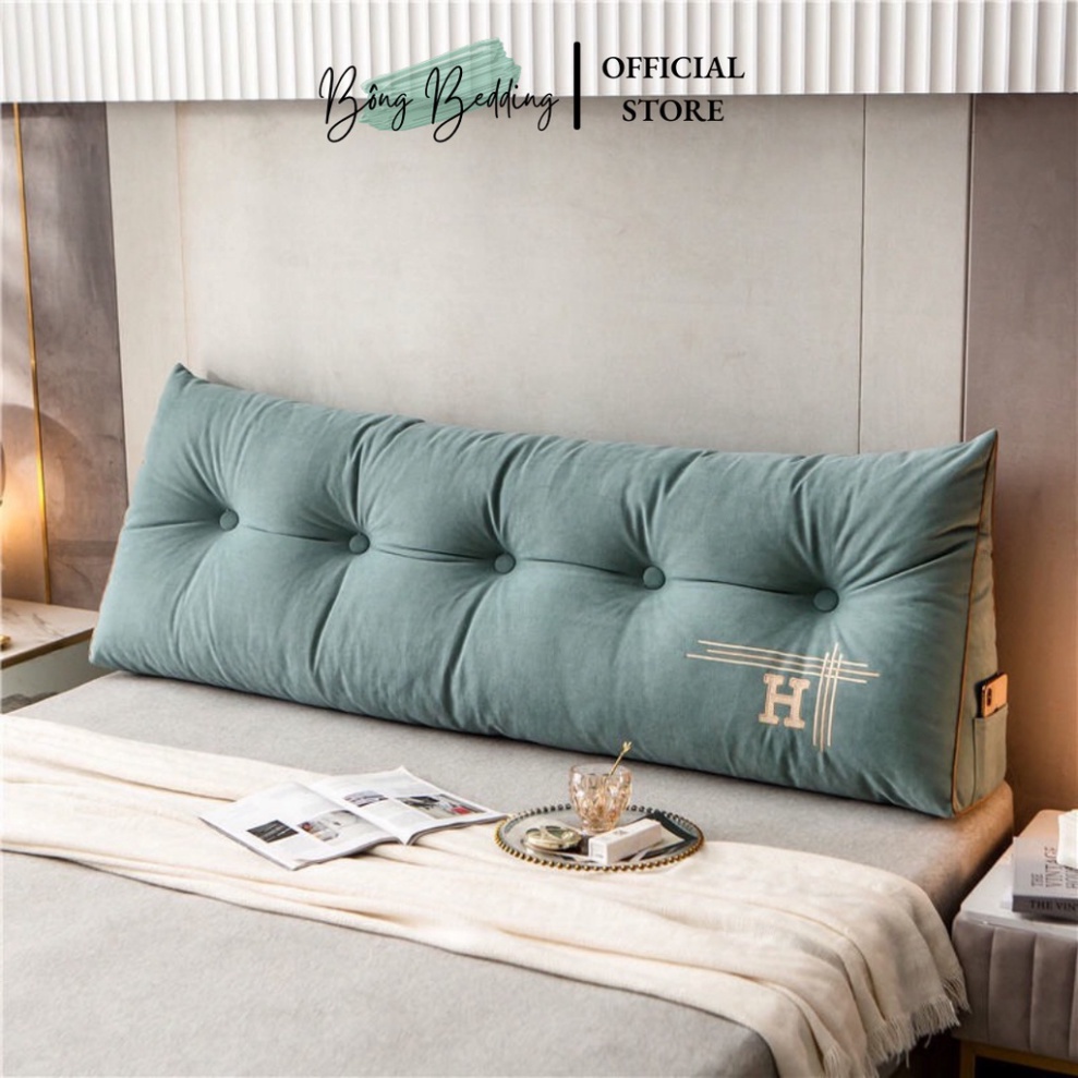 Gối Tựa Đầu Giường HIN BEDDING Hình Tam Giác Thêu Chữ H Đính Khuy Bọc Cao Cấp Có Sẵn 1m8 Và 1m5