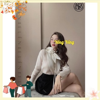 Anu477 - áo sơ mi nữ be cổ nơ hoa cúc ngọc