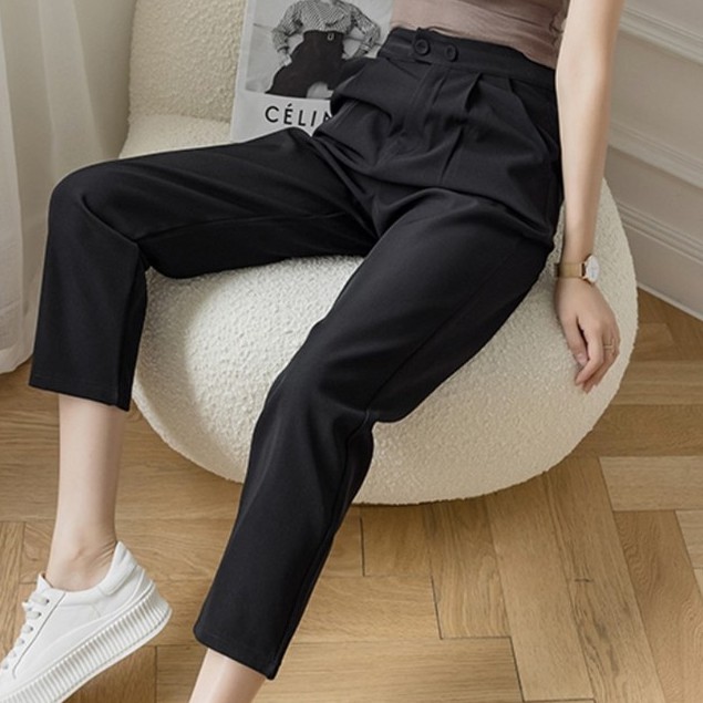 Quần Baggy nữ công sở cạp cao dáng dài màu đen vải tuyết mưa mềm - Quần tây lưng cao nữ đi học sinh bigsize ống đứng đẹp