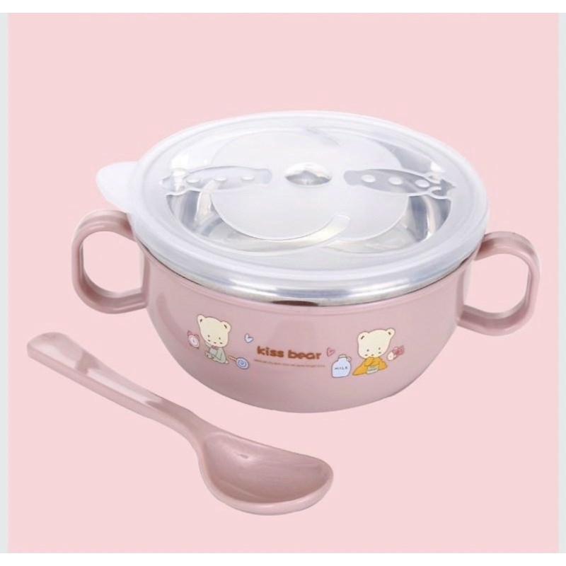 Bát Ăn Inox Cách Nhiệt Có Tay Cầm Kèm Muỗng Và Nắp Cho Bé