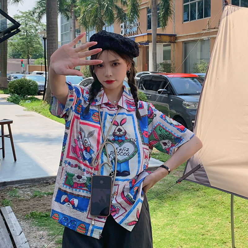 Áo Sơ Mi Nữ Tay Ngắn Hình Thỏ Phong Cách Retro Xinh Xắn