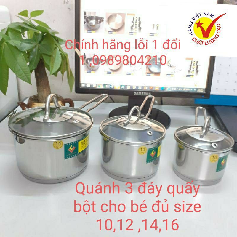 Quánh 3 đáy inox cao cấp  Việtcook ,nồi nấu bột ,cháo  ,Quánh quấy bột,quánh inox 3 đáy,nồi nấu bột đủ size 10,12,14,16