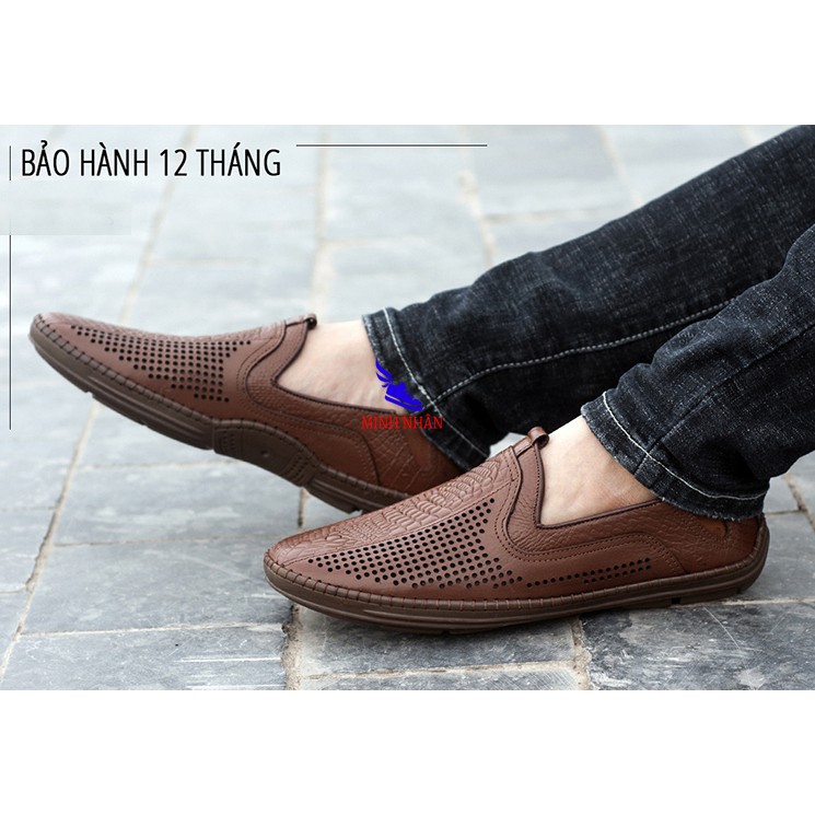 Giày rọ nam da bò cao cấp đẹp mẫu mới nguyên tấm Slipons đế khâu mùa hè đục lỗ thoáng khí Men’s Summer Shoes H-5 màu nâu