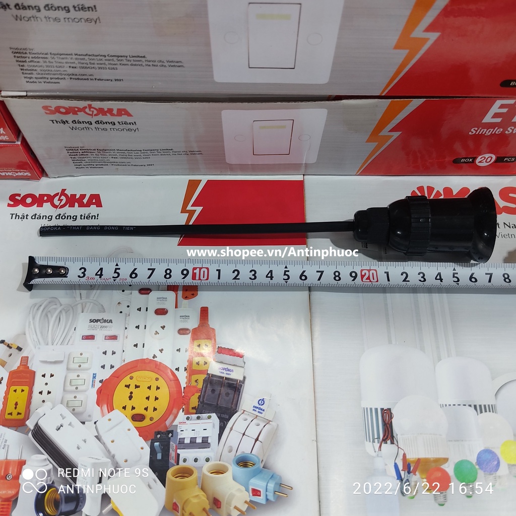 Đuôi đèn chống nước ren xoáy E27 SOPOKA có dây dài 20cm - chuôi đèn ngoài trời chịu mưa có dây sẵn gắn bóng Led E27