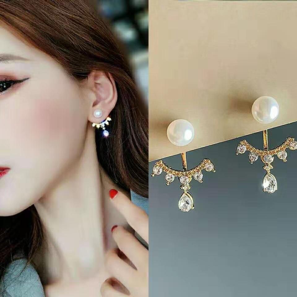 925 sterling silver fashion temperament front and back hanging pearl earrings full of diamonds drop pendant earrings mesh celebrity earrings earrings simple and elegant earrings