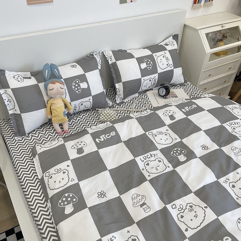 [RẺ VÔ ĐỊCH] Bộ chăn ga gối drap giường chất cotton poly họa tiết gấu caro