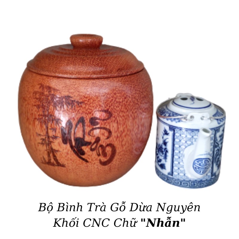 Bộ Bình Trà Gỗ Dừa Không Chân Hoa Văn "Chữ Nhẫn"; "Chữ Gia Đình"; "Chữ Cát Tường", "Chữ Tài Lộc" - Bình Trà 400 - 700ml