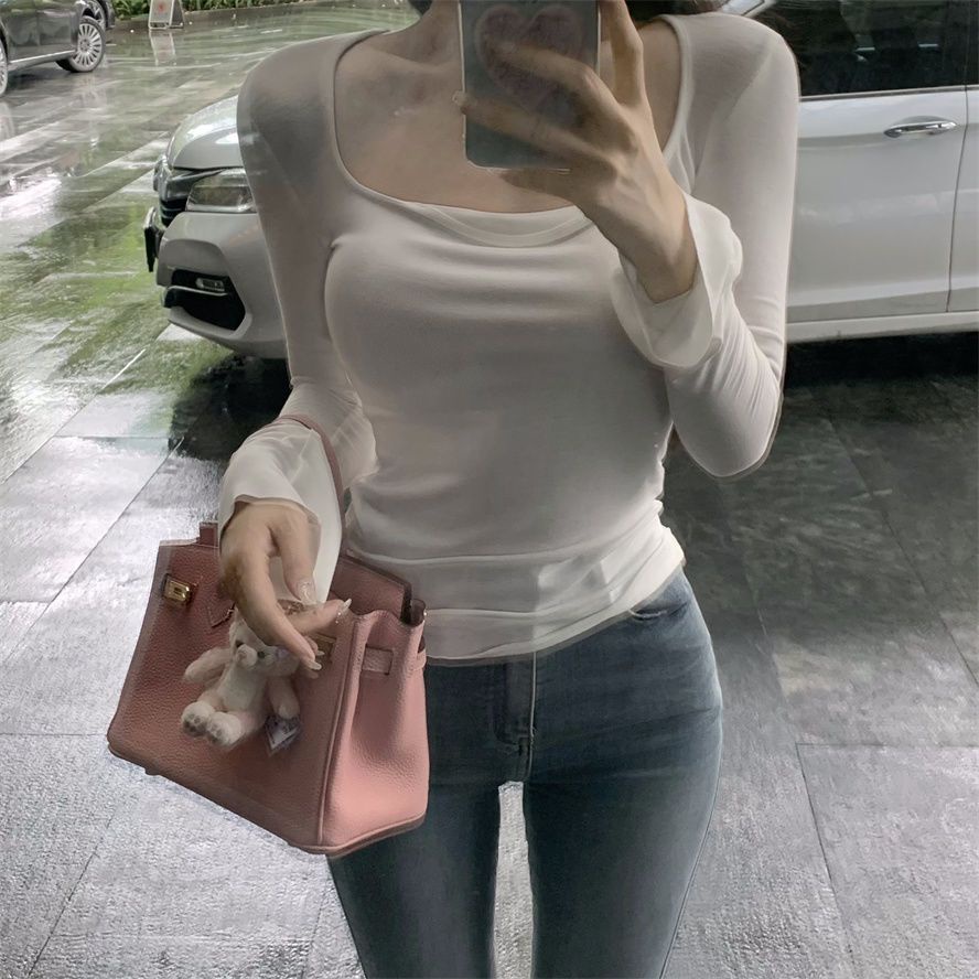 Áo thun COZOKC tay dài cổ vuông trẻ trung quyến rũ dành cho nữ