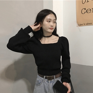 Áo sweater cổ vuông màu đen phong cách thời trang pháp
