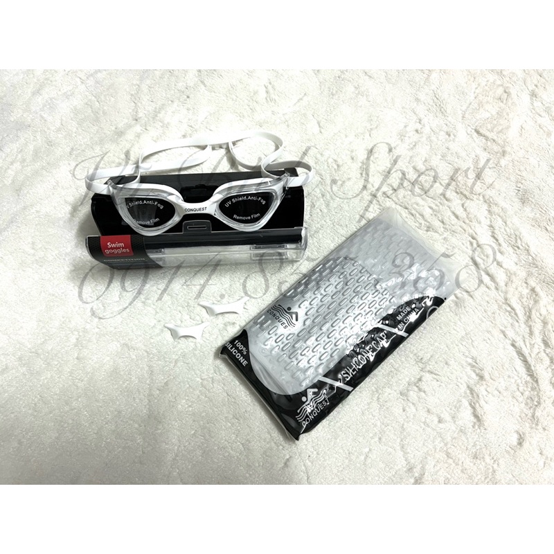 Combo kính bơi cực ôm mắt Conquest BL1206 + nón/mũ bơi Conquest gai siêu co giãn