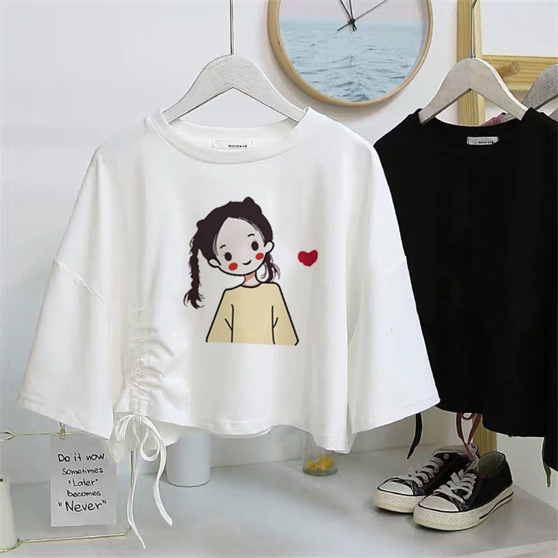 Áo Thun Tay Ngắn Dáng Rộng Lưng Cao Phối Dây Rút Kiểu Hàn Quốc Thời Trang Dành Cho Nữ | BigBuy360 - bigbuy360.vn