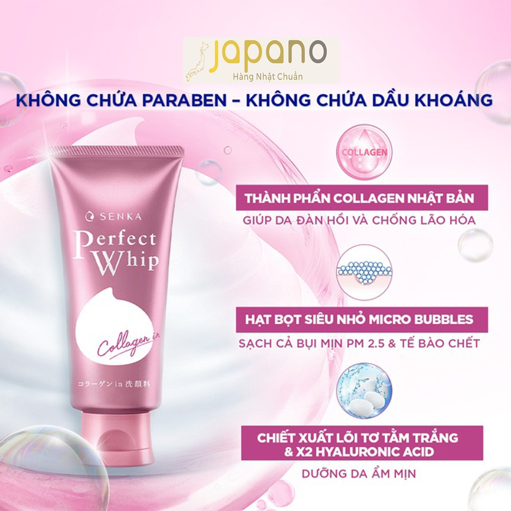 Sữa rửa mặt Senka Perfect Whip Nhật Bản trắng da bổ sung Collagen 120g - Japano