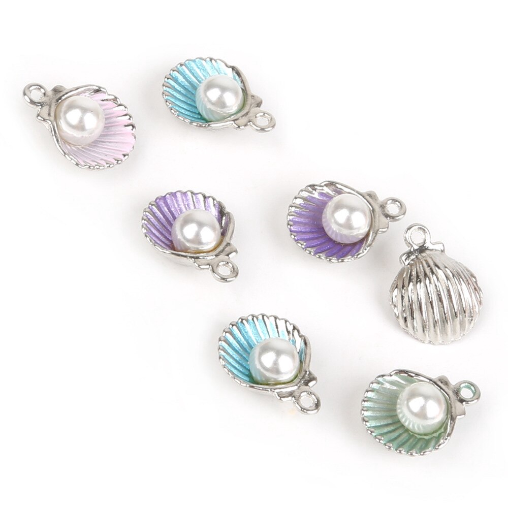 Set 10 mặt dây hình vỏ sò gắn ngọc trai giả làm khuyên tai/vòng cổ thủ công DIY