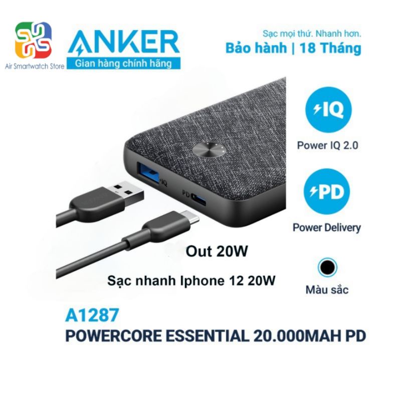 Sạc dự phòng  Anker PowerCore Slim 200000mAh 20W Type C/2 cổng USB 2 cổng Type C - Chính hãng BH 12 tháng