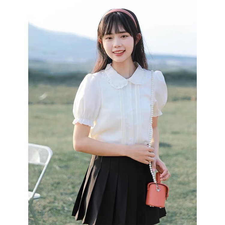 Áo Sơ Mi Tay Ngắn Phồng Cổ Búp Bê Dễ Phối Đồ Thời Trang Cho Nữ