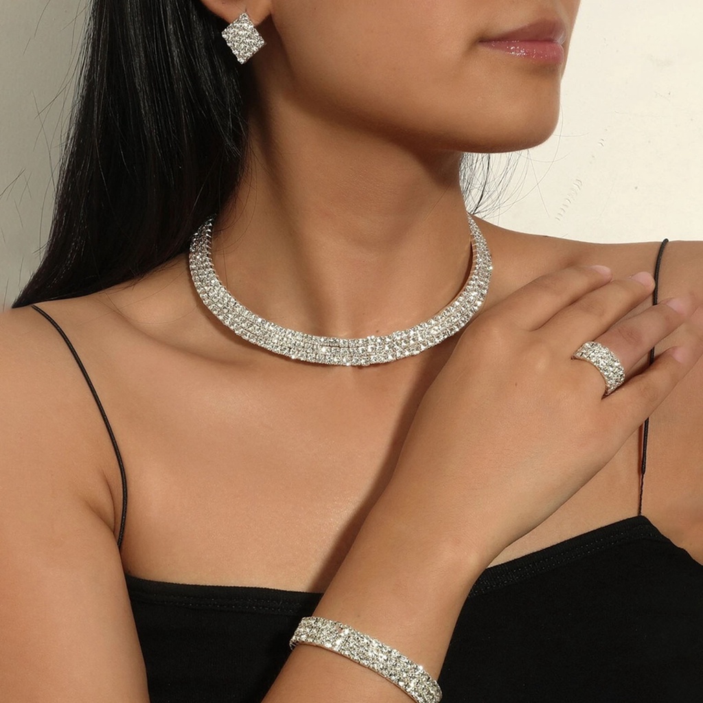 1 Bộ Trang Sức Vòng Tay Nhẫn Bông Tai Họa Tiết Hình Học Đính Đá Lấp Lánh Bắt Mắt Cho Đám Cưới