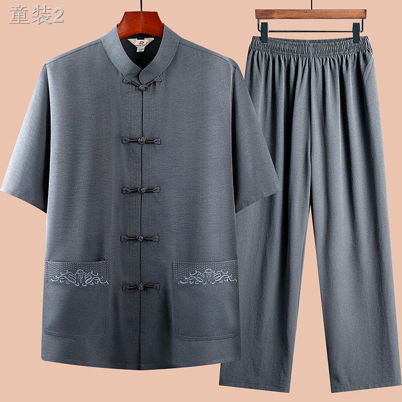 ✶❡Bộ đồ nam ngắn tay cotton và vải lanh 50 quần áo mùa hè cho người cha trung niên già Hán 60 tuổi phong cách Q