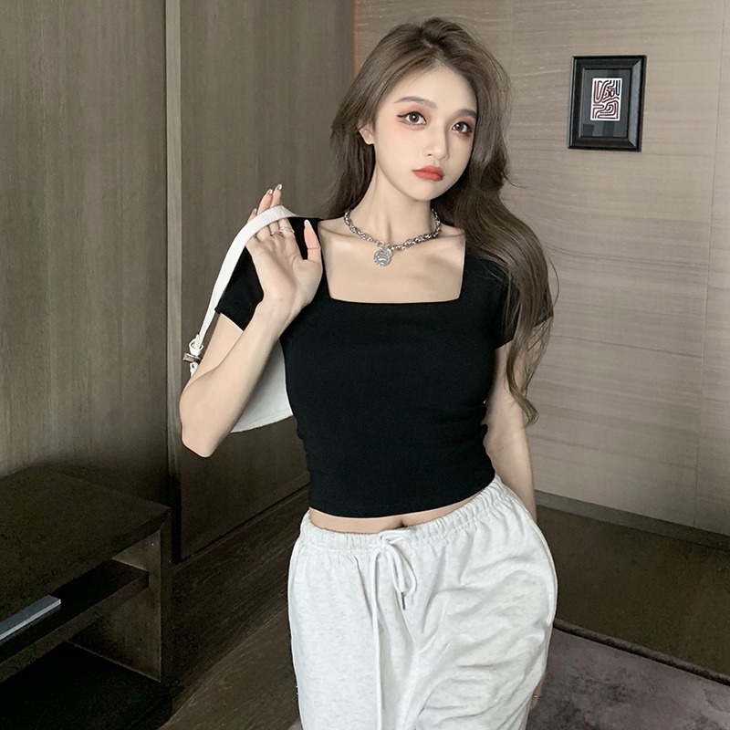 Áo thun croptop nữ FM Style cổ vuông viền chỉ basic trẻ trung năng động dễ phối đồ thời trang 220326003