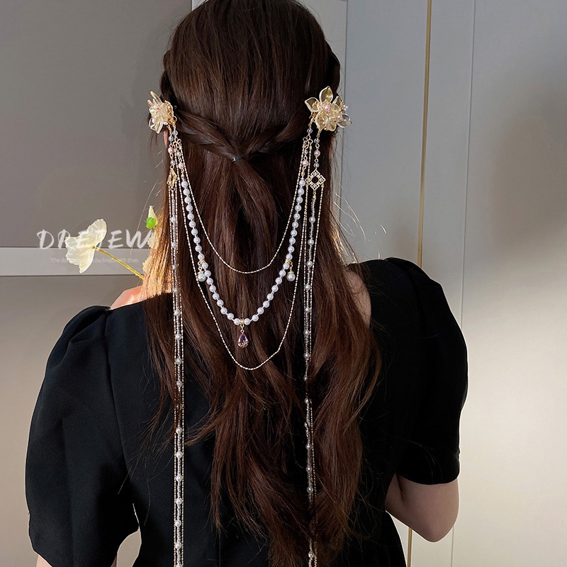 DREJEW Kẹp tóc hình hoa đính đá ngọc trai phối tua rua dáng dài thời trang sáng tạo cho nữ