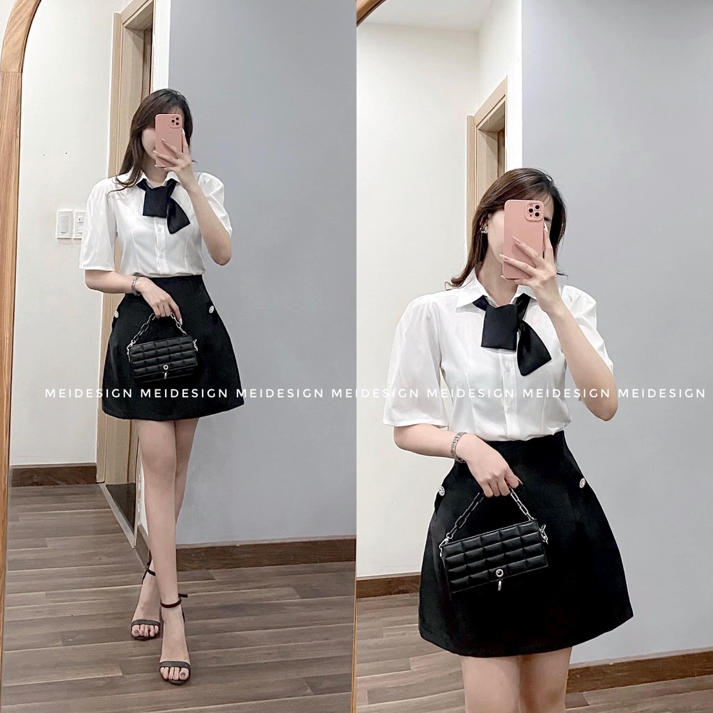 Áo sơ mi trắng kèm dây nơ tay cánh tiên công sở cách điệu chất đẹp Mei design A04