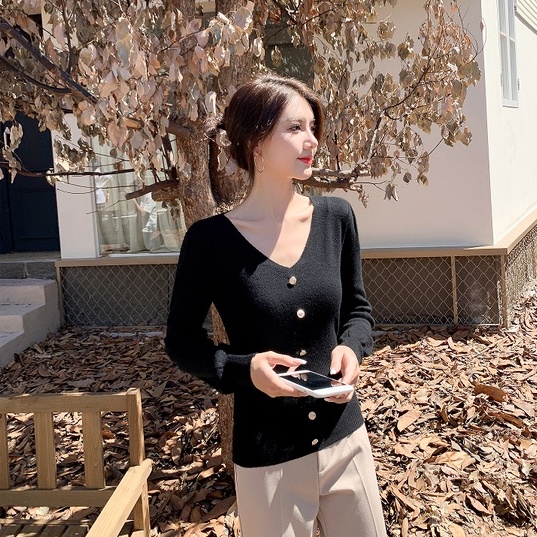 【ZHELIHANGFEI】Áo Dệt Kim Tay Dài Cổ Chữ V Dáng Ôm Dễ Phối Đồ