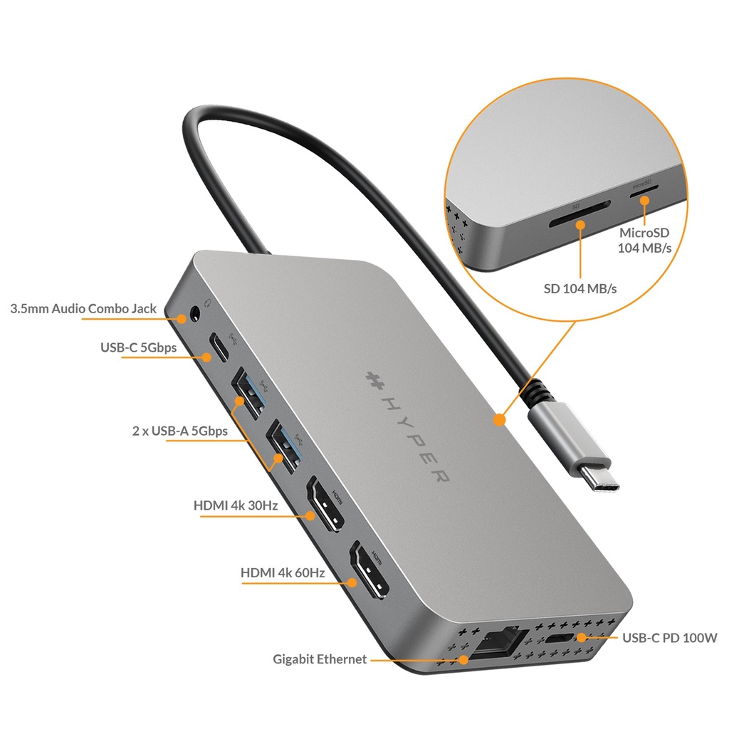 Cổng Chuyển/Hub USB-C Hyperdrive Dual 4K HDMI 10in1 (2 màn hình) Macbook M1