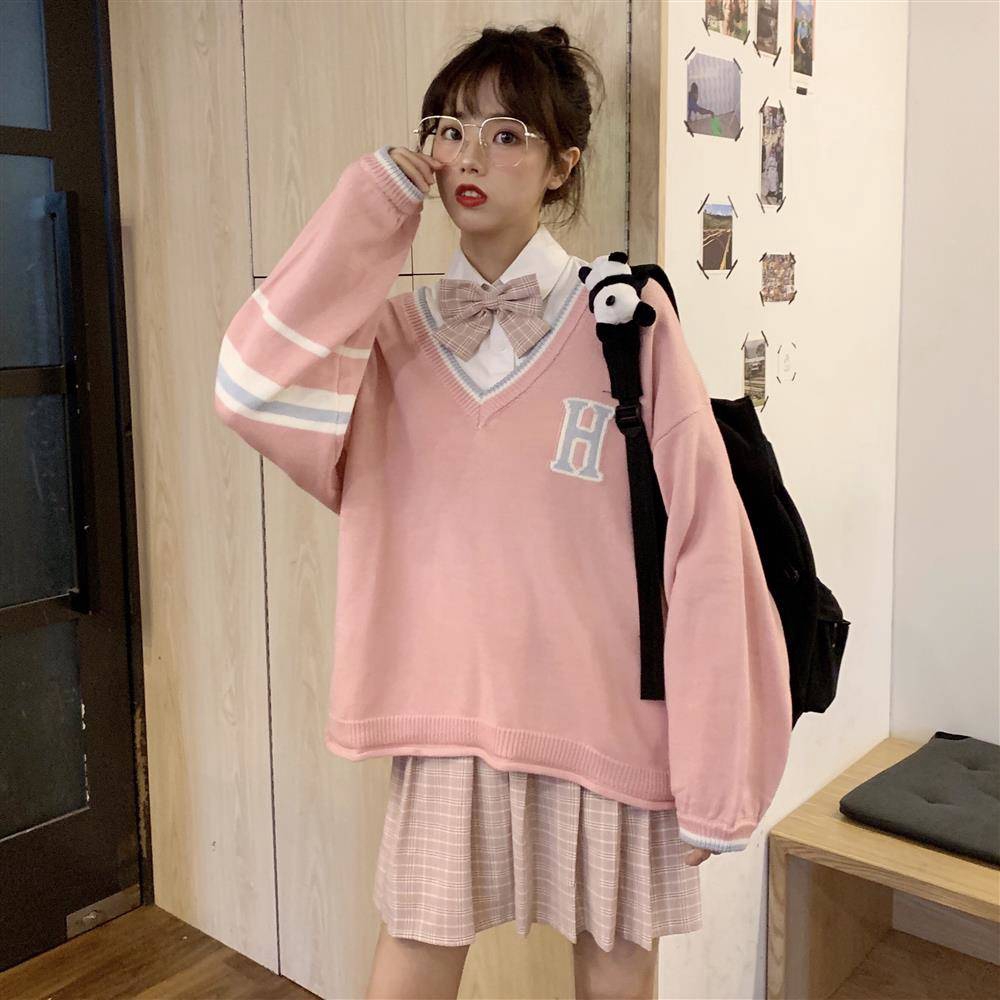 Áo Sweater dáng rộng cổ chữ V kẻ sọc thời trang mùa thu cho nữ
