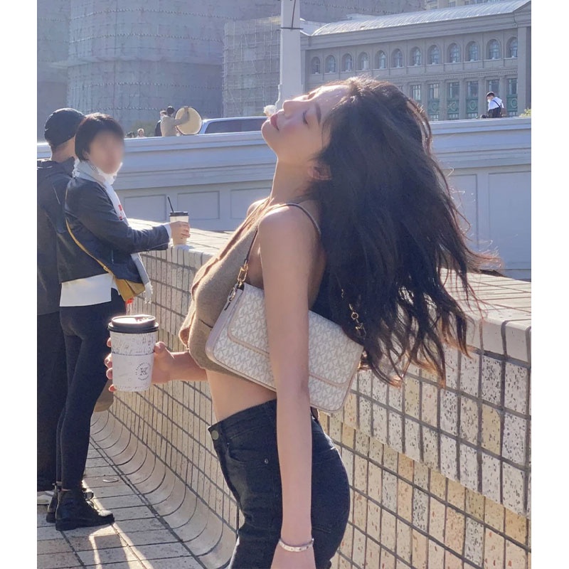 Ling GAN KA NU Áo Hai Dây Dệt Kim Ngắn Hở Rốn Thiết Kế Gợi Cảm Cho Nữ