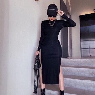 Váy nữ body cổ tròn dài tay xẻ tà 2 bên sang chảnh Annastore có ẢNH THẬT khách mua chụp feedback