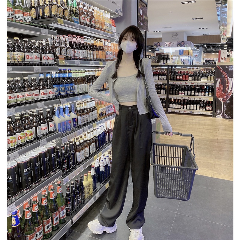 SUXI Set Áo Hai Dây + Áo Khoác Cardigan Mỏng Tay Dài Thời Trang Mùa Thu Cho Nữ