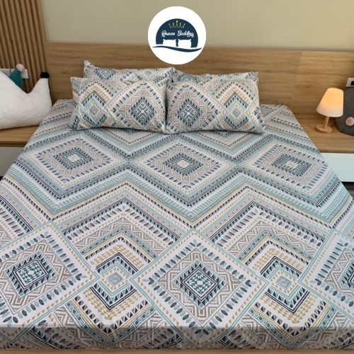 Bộ Chăn Ga Gối Thổ Cẩm Xanh Chất Liệu Cotton Poly Set 4 Món Dành Cho Mùa Hè