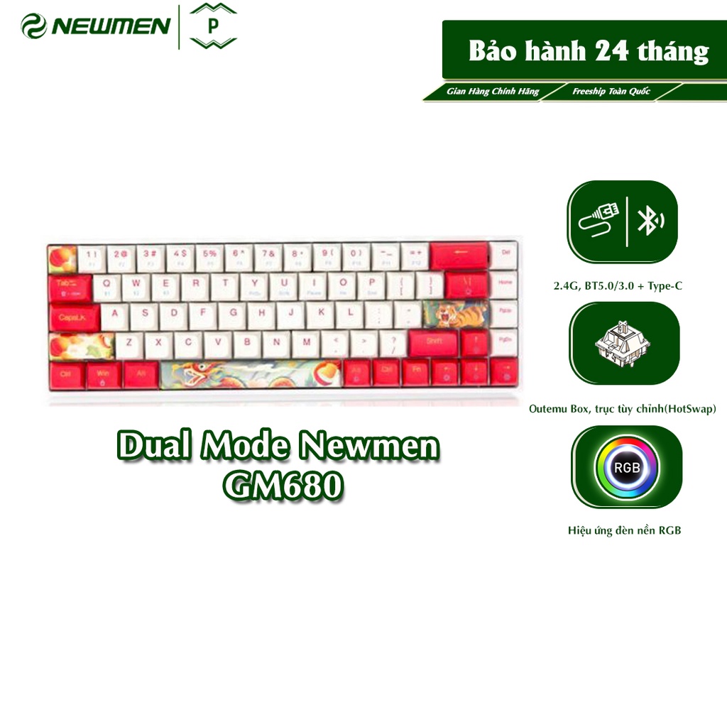 Bàn phím cơ không dây Dual Mode Newmen GM680,Layout 68 phím Hotswap,đa chế độ kết nối,tặng thêm keycap Rồng Hổ,BH 24M