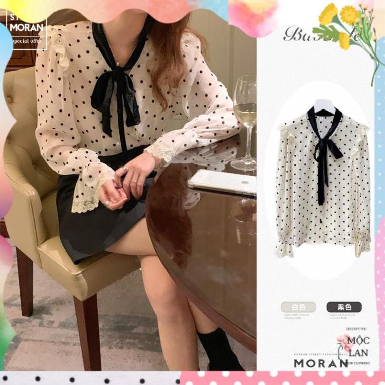 Áo sơ mi MORAN voan chấm bi dài tay phối bèo vai cổ thắt nơ màu đen tiểu thư Hàn Quốc