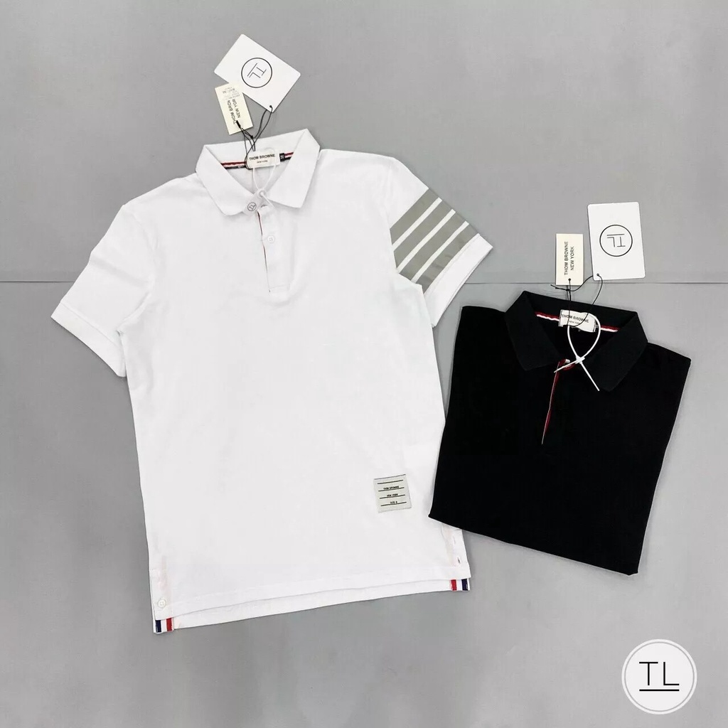 Áo PoLo Cổ Bẻ Sọc 4 Vạch Cánh Tay Nam Nữ Unisex - đen + trắng, phông Cotton mềm mịn mùa Hè Hottrend 2022