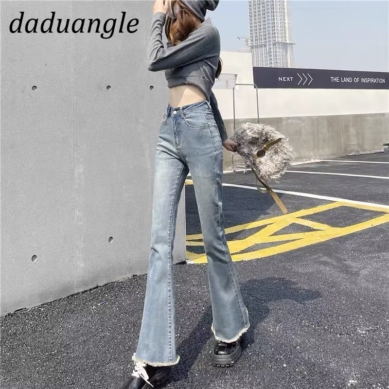 Quần jean ống loe Daduhey lưng cao màu xanh dương nhạt thời trang Hàn Quốc cho nữ